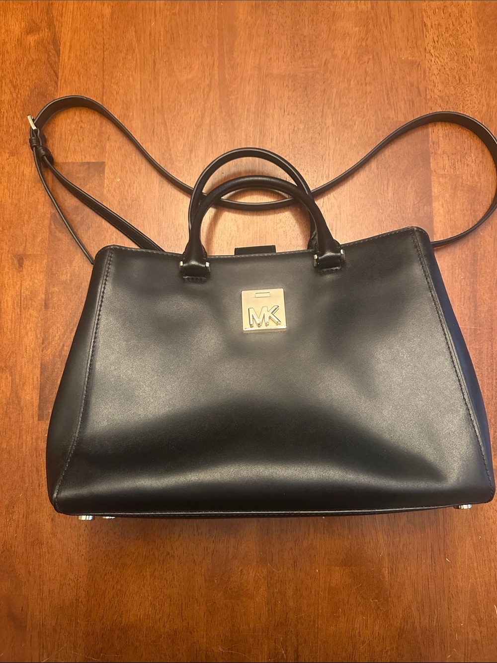 Michael Kors Black Leather Satchel with Gold MK Plaque